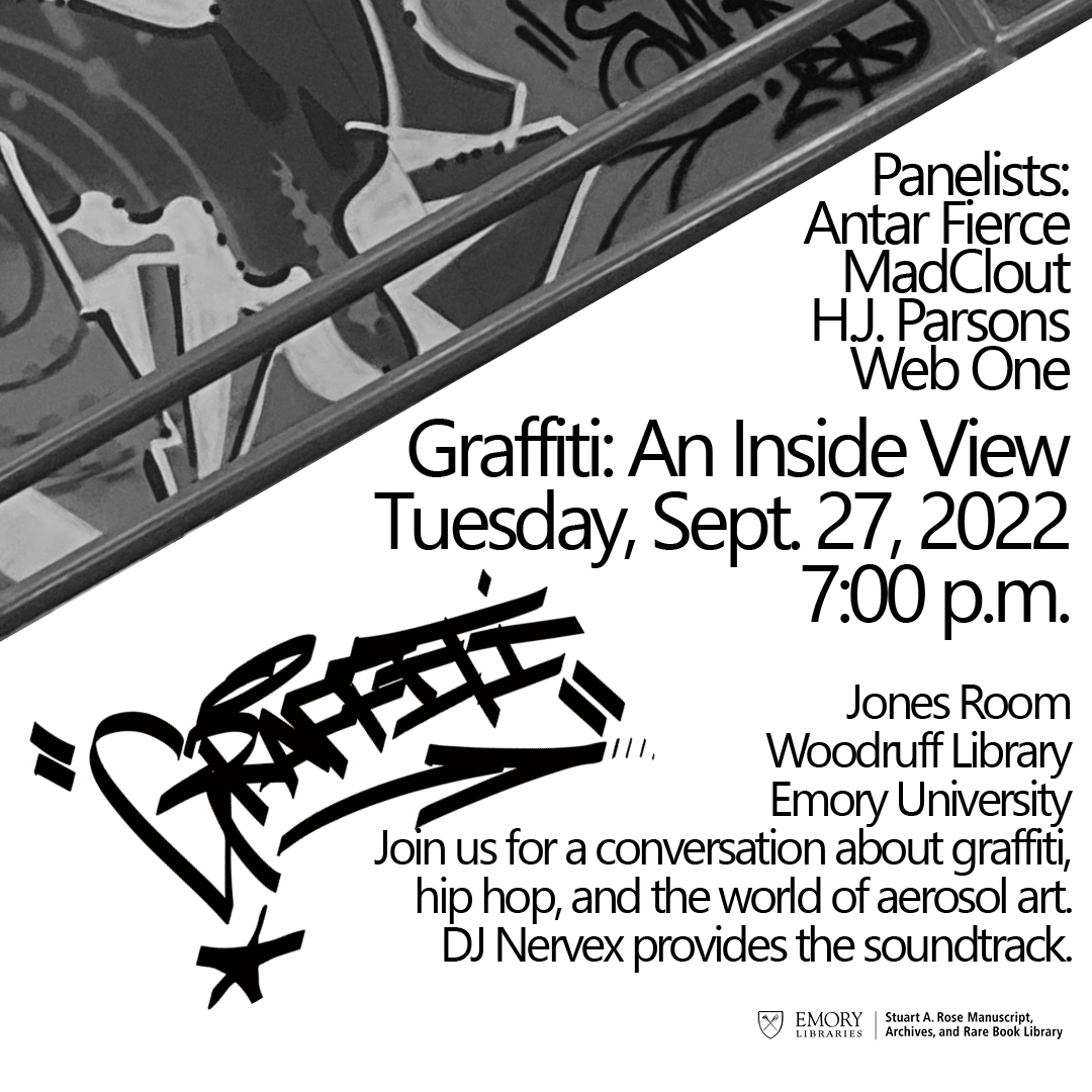 EmoryRoseMARBL's tweet photo. Don't miss "Graffiti:  An Inside View," TONIGHT at 7 p.m. in Emory's Woodruff Library! After the panel discussion stay for refreshments and tour the exhibition with curator @RandyGue.
@EmoryLibraries @emorycollege @EmoryVisualArts https://t.co/6cEFcuYHoQ