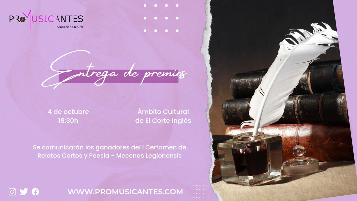 Promusicantes's tweet photo. Conoce a los ganadores del I Certamen Nacional de #RelatosCortos y #Poesía Mecenas Legionensis el próximo 4 de octubre a las 19:30h en el Ámbito Cultural de @elcorteingles de #León 🏆

Escritores y jurado de alto nivel te estarán esperando 👉 https://t.co/OImEktWIYx 

#leonesp https://t.co/FnEqiAmeHq