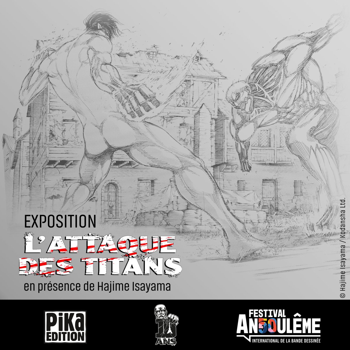 bdangouleme's tweet photo. Pour la première fois en Europe, le festival d'Angoulême accueillera lors de sa 50e édition une exposition dédiée au phénomène de #LAttaquedesTitans et ça risque d'être... Titanesque ! Le mangaka Hajime Isayama nous fera l'immense honneur d'être présent ! https://t.co/RLkWIwWXuw