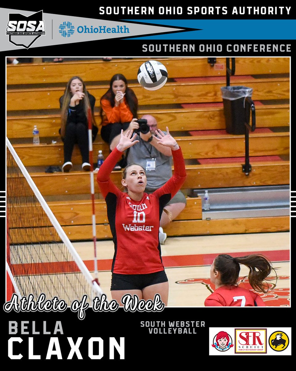 SOSAOhio's tweet photo. Our SOC Athlete of the Week, presented by @SchmidtFamilyRG, is @BVLocalSchools' @bella_c127.

Claxon has her team sitting at 14-2 this season and logged 40 assists, 14 digs, 14 kills and 5 aces in this past week's win over Wheelersburg. https://t.co/U3WGI2swvl