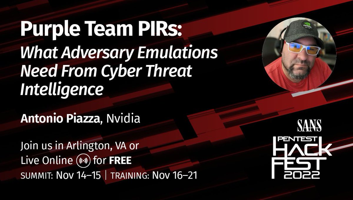 antman1P's tweet photo. I am really excited to speak about #PurpleTeaming and #CTI at @SANSOffensive
#PenTestHackFest https://t.co/1I7rYOyNFg