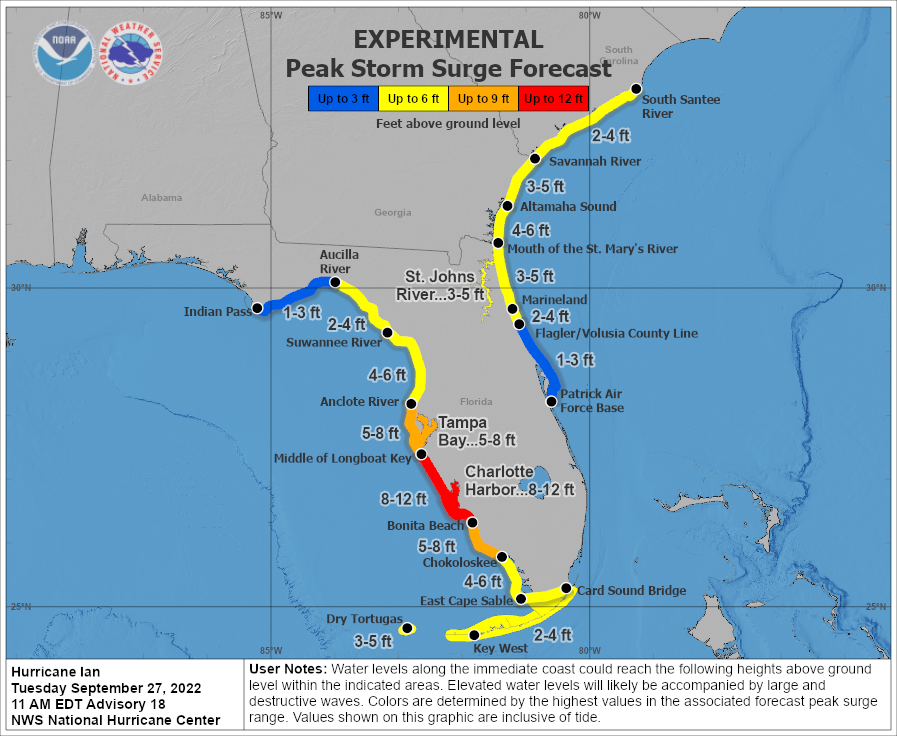 #Ian - Des inondations majeures sont attendues sur la côte ouest de la #Floride, dans la baie de Tampa et plus au sud. Une élévation du niveau de la mer de près de 3 à 4 m est envisagée. 