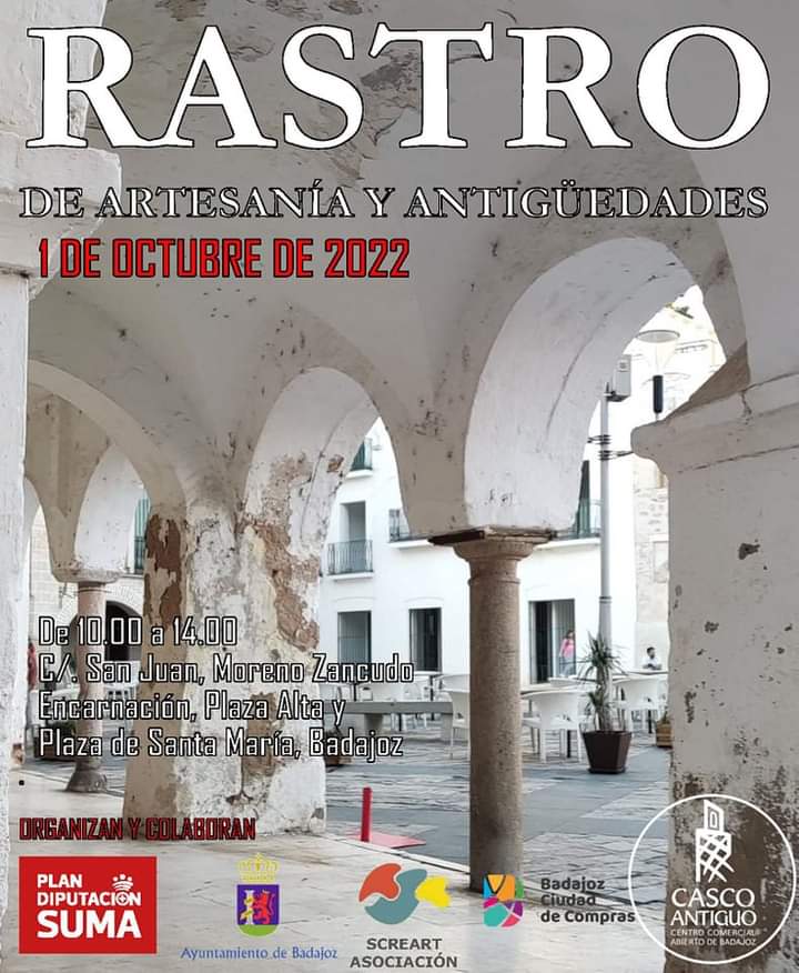 josemonty76's tweet photo. Sábado 1 de octubre #2022: Rastro de Artesanía y Antigüedades en el #cascoantiguodebadajoz
Os esperamos!
#aecab #comerciolocal #comerciodebarrio #centrocomercialabiertocascoantiguobadajoz #badajoz #hosteleriaBadajoz #turismo #ocio https://t.co/hN6Tjjo0Cy