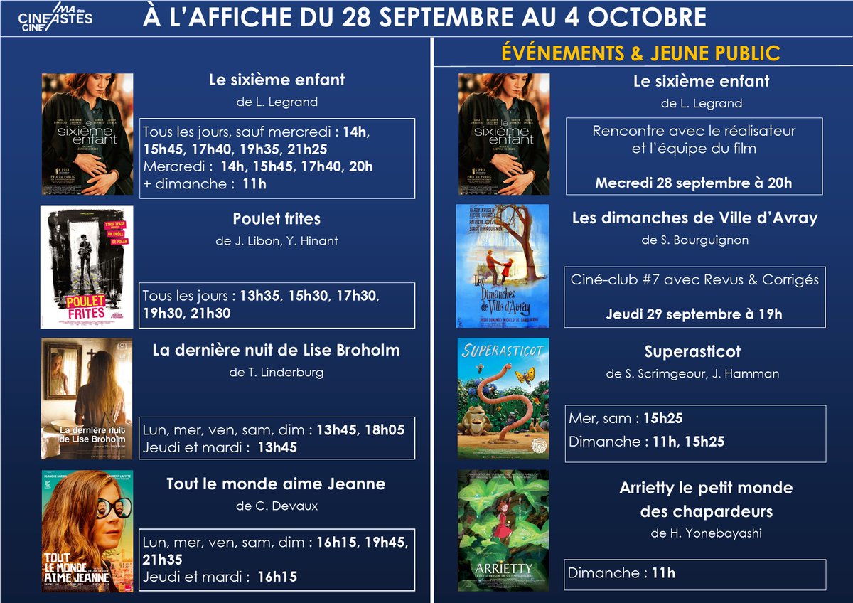 CdesCineastes's tweet photo. [Programme de la semaine]
 
- #LeSixiemeEnfant
- #PouletFrites
- #LaDerniereNuitdeLiseBroholm
- #ToutLeMondeAimeJeanne
- #Superasticot
- #Arrietty

- 28/09 à 20h : rencontre avec l'équipe du film #LeSixiemeEnfant
- 29/09 à 19h : Ciné-club #7 @revuscorriges https://t.co/Mf7FJdRgLE