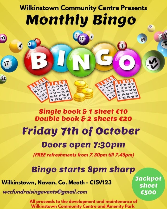 Not long to go till our fist bingo night 🤑
#bingo #meath #wcc #Wilkinstown 
<a href="/meathchronicle/">Meath Chronicle</a> <a href="/meathcoco/">Meath County Council</a> <a href="/MeathDaily/">Meath Daily TV</a>