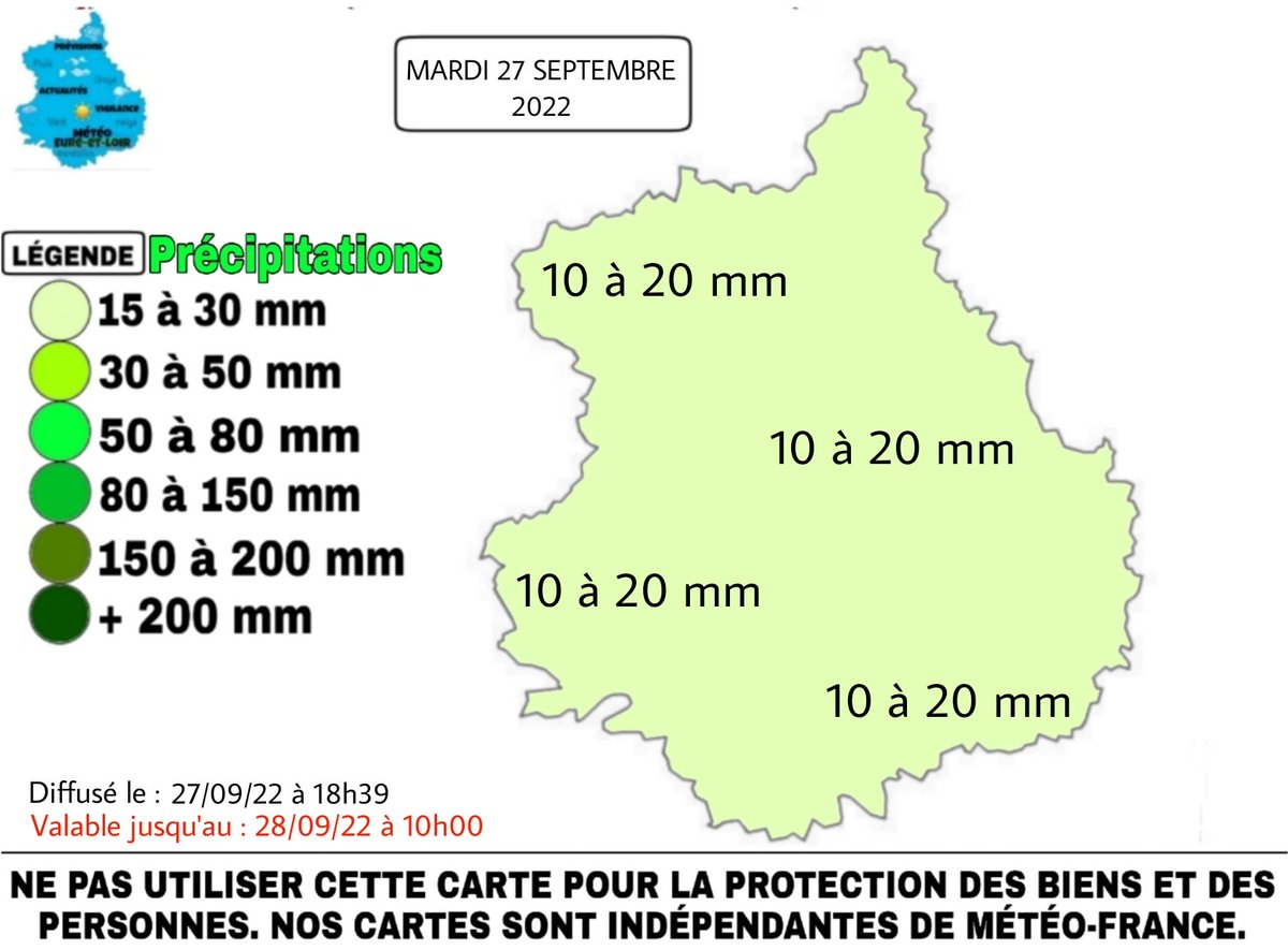 Meteo_28's tweet image. [Risque précipitations] 

À partir de ce soir et la nuit prochaine de mardi 27 au mercredi 28 septembre 2022, de fortes précipitations seront à surveiller en Eure-et-Loir. Nous attendons de l'ordre de 10 à 20 mm du #Perche à la #Beauce. Retour du calme à partir de demain matin.