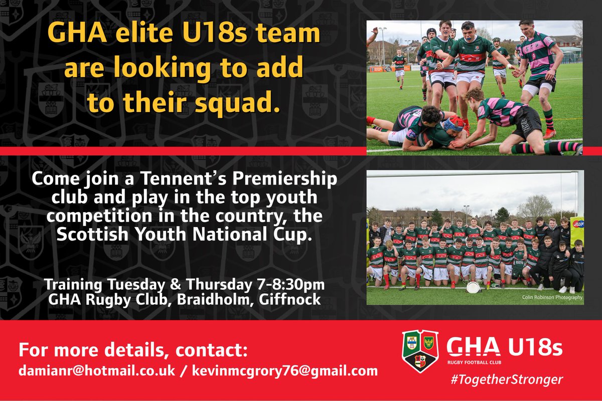 🏉GHA U18s are looking to add to their squad! Full details below⬇️⬇️⬇️

Their next game v <a href="/StirlingCounty/">Stirling County RFC</a> is this Sat 1st Oct, KO 2pm at Braidholm. 
Why not head down early and cheer on the team in the Youth National Cup!!

#GHARugby #TogetherStronger