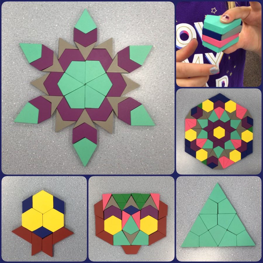 whfelementary's tweet image. Wes Hosford #MathClub students playing with pattern blocks. #21stCenturyPB