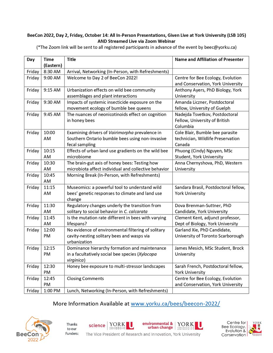 A draft schedule is now available for #BeeCon 2022, featuring talks about #bees from 36 speakers across 6 continents! Hybrid event runs Oct 13-14, 2022. Free registration ends this Fri, Sept 30 at yorku.ca/bees/beecon-20…. Thanks to our funders: <a href="/YorkUEUC/">Faculty of Environmental and Urban Change</a> <a href="/YorkUScience/">YorkU - Science</a> YorkU VPRI.