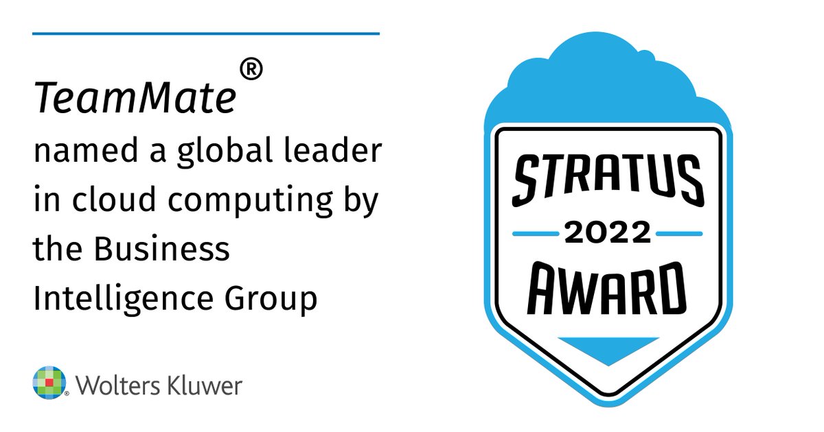 Today, @WKTAAUS announced that TeamMate was recognized by the @BigAwards as a global leader in cloud computing and awarded the 2022 Stratus Awards for Cloud Computing. Read more: bit.ly/3LLZfqG #Stratus #Award #InternalAudit #AuditEvolution