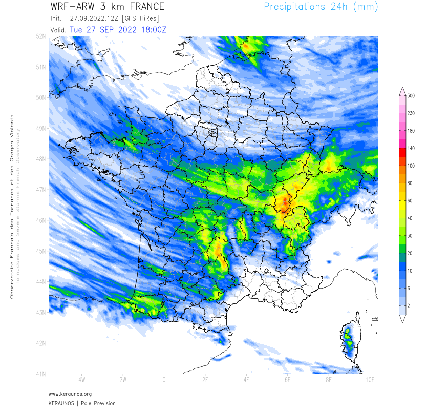 Pas mal de pluie ces prochaines 24h, à l'arrivée d'une onde perturbée active. Les précipitations seront plus intenses sur les versants ouest des reliefs, avec effets de foehn marqués dans les vallées sous le vent (Massif-Central) et cumuls notables sur #Jura notamment. 