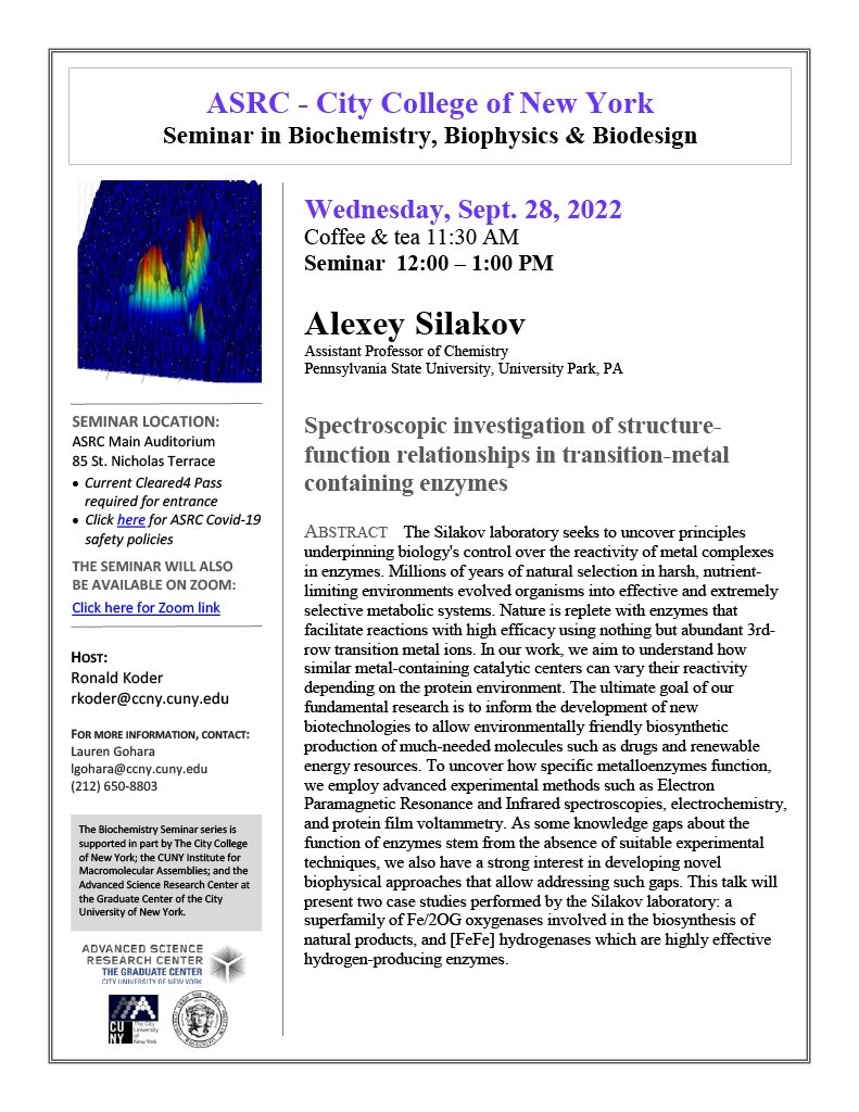 Join Professor Alexey Silakov for a talk titled "Spectroscopic Investigation of Structure-Function Relationships in Transition-Metal Containing Enzymes" tomorrow at 12 p.m. Tune in using the following link (registration is not required): ow.ly/xLQv50KUNp6