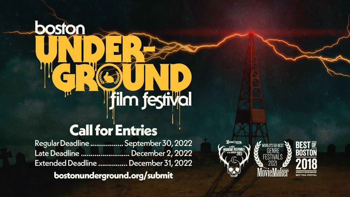 2023 @BOSunderground CALL FOR ENTRIES Hey Filmmakers! 🎬 Regular Deadline = September 30th Submit via @FilmFreeway: buff.ly/3r5xFLM Send us your weirdest, wildest genre films! #horror #darkcomedy #musicvideos