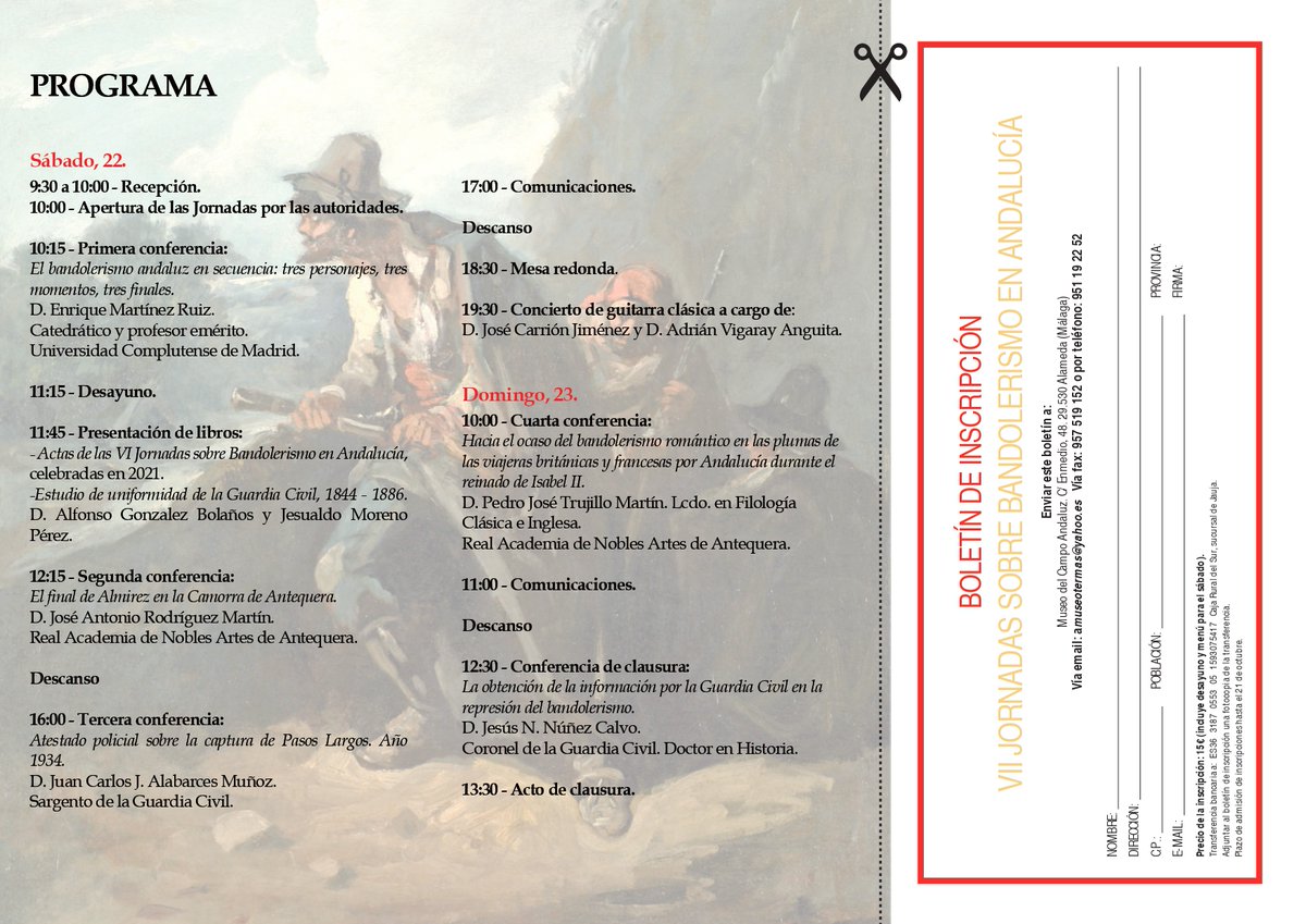 #Alameda  celebrará el próximo 22 y 23 de octubre las "VII jornadas sobre bandolerismo en Andalucía".
 Abierto plazo de inscripción. Plazas limitadas.
👉 + INFO: #museodelcampoandaluz 
☎️  951192252