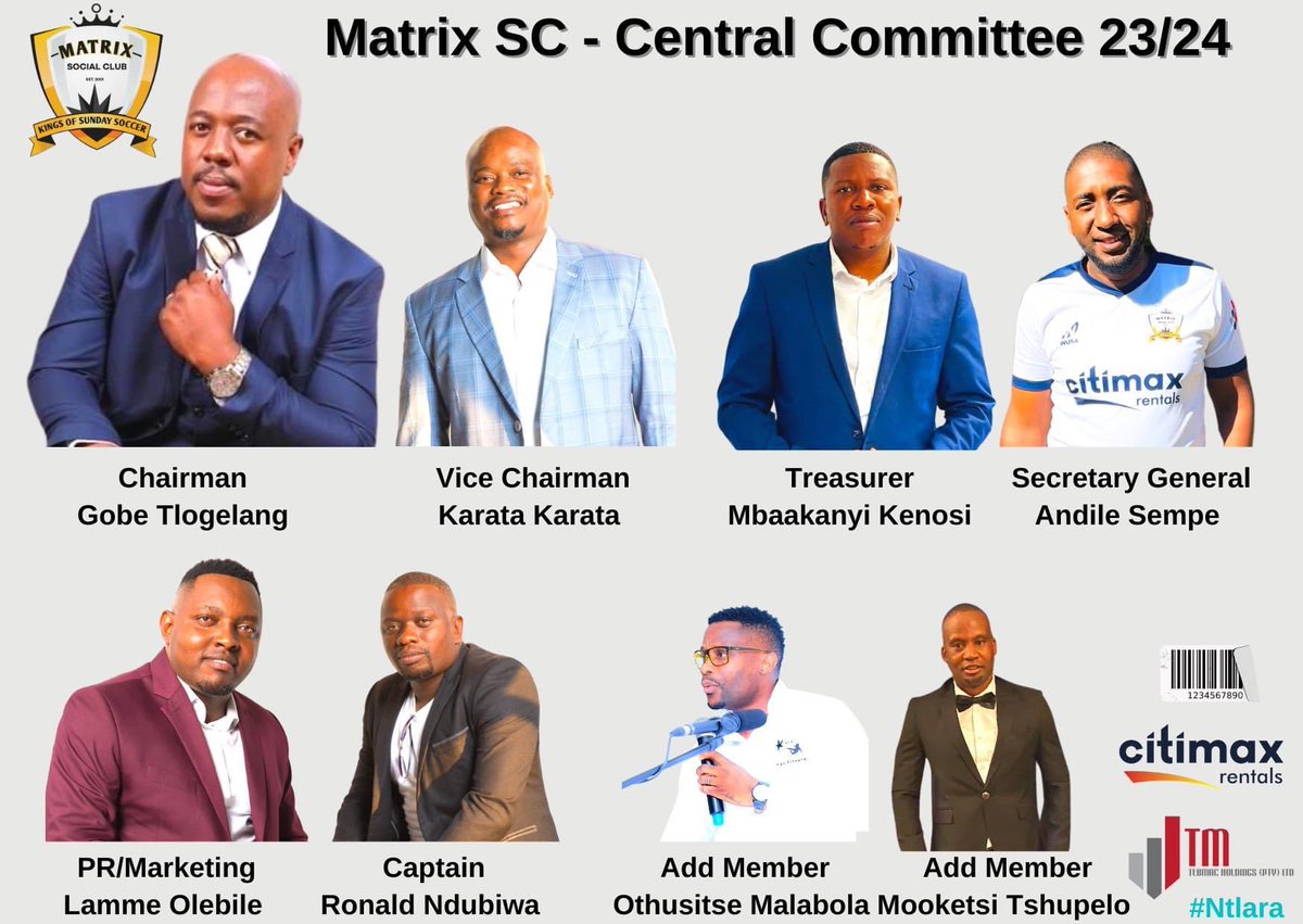 MatrixSC1's tweet photo. Introducing the leadership.
Matrix SC recently held their elective Annual General Meeting and they have voted in a new composition of the Central Committee to lead the direction of team activities for the year 2023/24
Congratulations gentlemen.
#Ntlara
#AGM
#Matrix4Life https://t.co/dDFMTxu4Ul