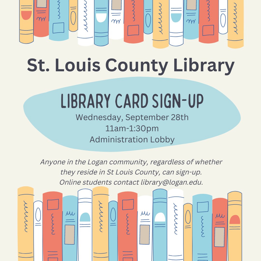 LoganULibrary's tweet photo. Stop by our table in the Administration Lobby tomorrow between 11 AM and 1:30 PM to sign up for a SLCL card!  A SLCL card allows you to access online resources, add the Libby audiobook and eBook collection, reserve study spaces, and more. https://t.co/d5aVvfMRPM