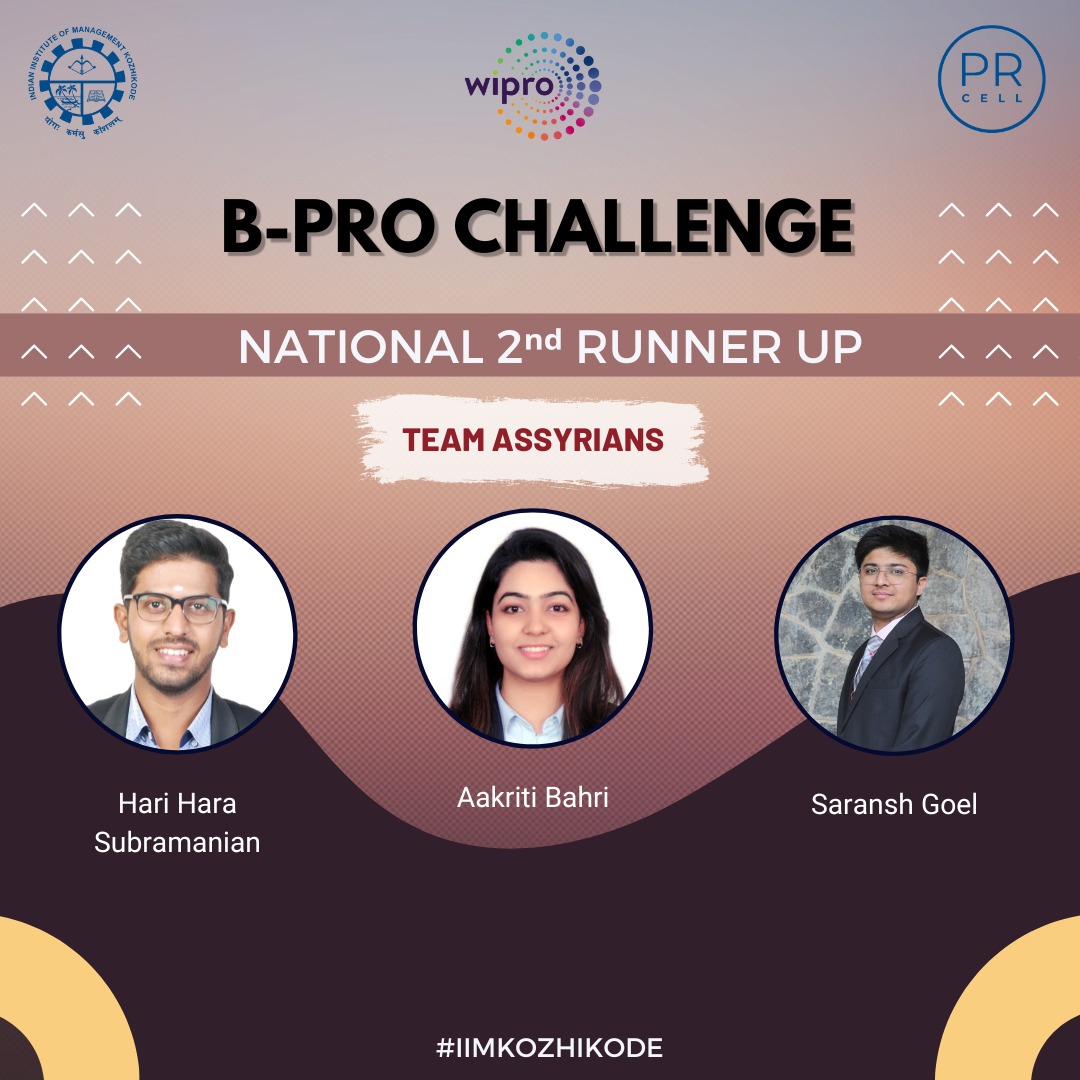 IIMKozhikode's tweet photo. We are pleased to announce that students from the batch of '23 - Aakriti Bahiri, Hari Hara Subramanian, and Saransh Goel - have bagged the National 2nd Runners-up position in Wipro B-PRO 2.0.
#iimk #iimkozhikode #mba #casecompetitions #casecomps #WIPRO #wiprobpro2 #unstop https://t.co/o1bFqzOKmf