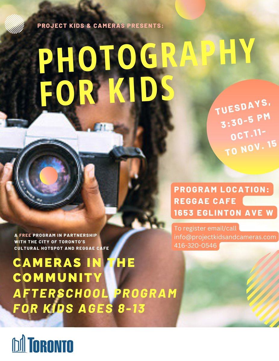 prokidscameras's tweet photo. Looking for kids ages 8-13 in living in  #toronto #eglinton #york #littlejamaica to sign up for our free @GetCulturedTO  Cameras in the Community photography program! https://t.co/KcOIWedvfW