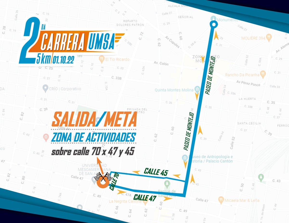 UMSA_MERIDA's tweet photo. Actualización de recorrido de la 𝟮ª 𝗖𝗮𝗿𝗿𝗲𝗿𝗮 𝗨𝗠𝗦𝗔 𝟮𝟬𝟮𝟮 🥇
Por instrucciones de las Autoridades Municipales se modifica la ruta de la segunda carrera UMSA 2022, quedando de la siguiente manera:
Cualquier duda o aclaración favor de comunicarse al 928-45-46 https://t.co/2F2Wxbz04t