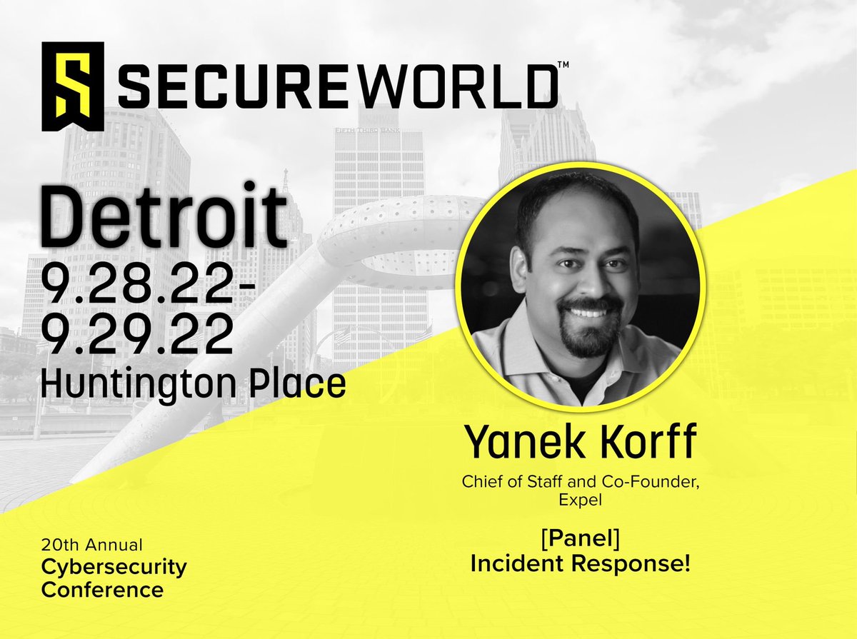 ExpelSecurity's tweet photo. Hello, (Secure) World!
For those at #SWDET22 this week, don't miss 9/28's Incident Response panel, featuring thoughts/insights from our own @reefhack and #infosec leaders from @TrendMicro, @ArmisSecurity, @cybereason, and @exabeam!
@SecureWorld details: https://t.co/49kca3yTiM https://t.co/6RRuFKH48l