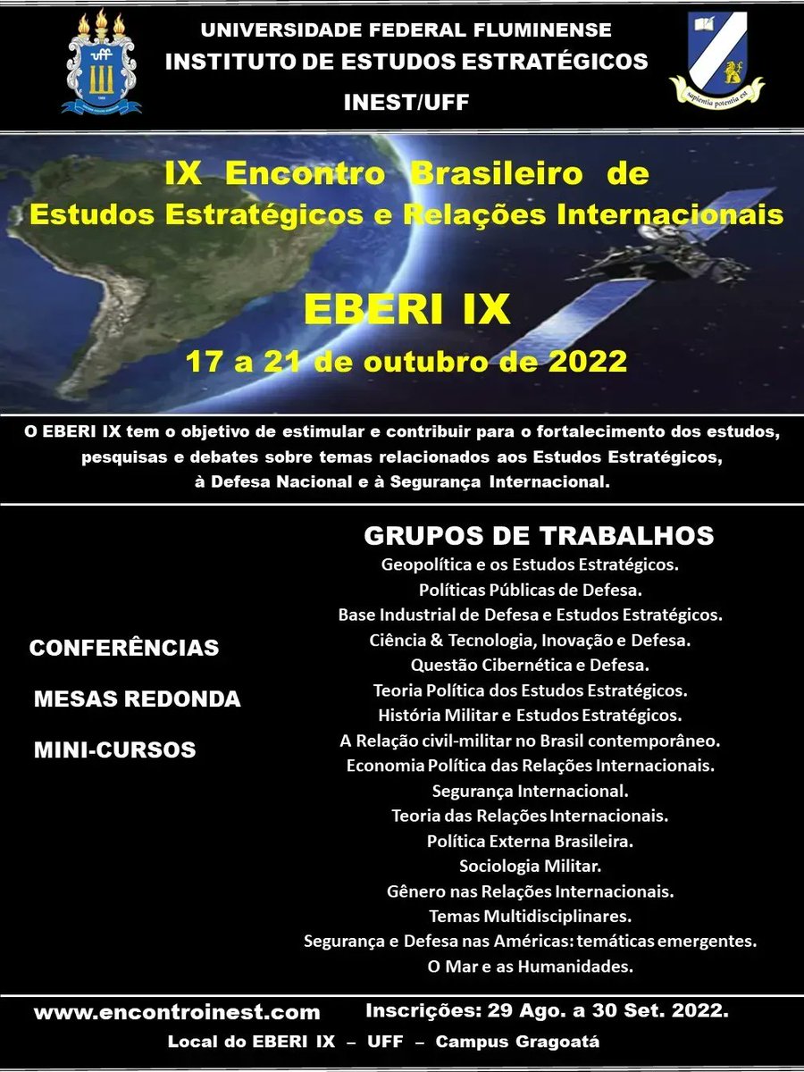 StudiesUff's tweet photo. 📢EBERI IX📢
Enviamos convite do Instituto de Estudos Estratégicos, da Universidade Federal Fluminense (INEST/UFF).
Link para mais informações: https://t.co/QsVfmCz2YV
#ppgest #inest #UFF2022 #evento #eberiix #seinscrevaja #curte #comenta #compartilha https://t.co/b1FJdnWogg