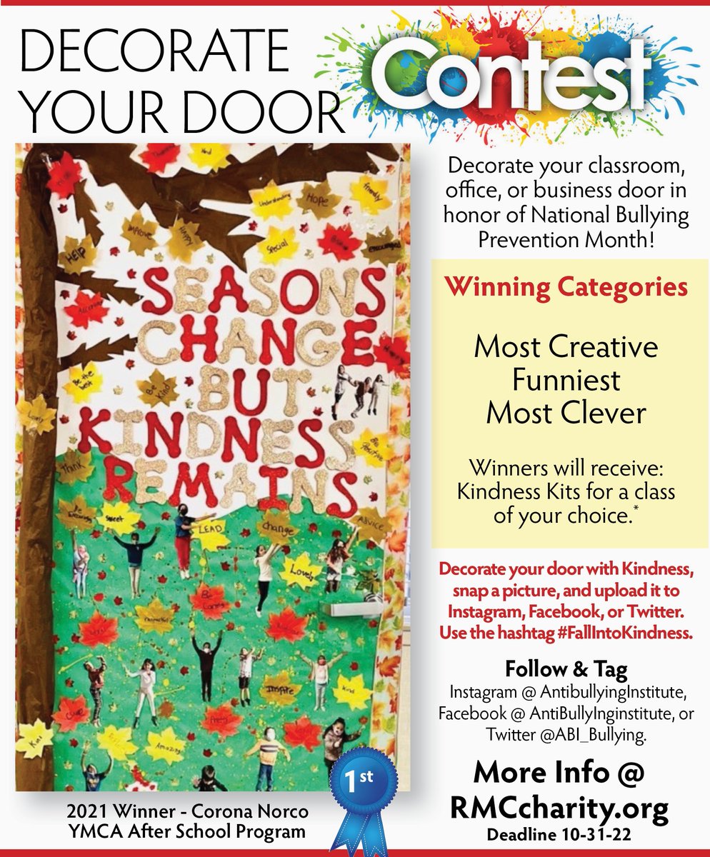 ABI_Bullying's tweet photo. Decorate your classroom, office, or business door in honor of National Bullying Prevention Month to win prizes! 🤩
Please Visit https://t.co/sT67keGQ34 for contest rules!
#NBPM #ABI #Fallintokindness https://t.co/GyhG3bLayk