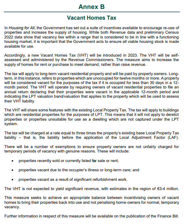 RobOHanrahan's tweet photo. Devil, as always, is in the detail.

The Vacant Homes Tax
🔴 is entirely self-assessed
🔴 does not apply to derelict properties
🔴properties recently sold or currently listed for sale or rent are exempt
🔴properties vacant as a result of significant refurbishment work are exempt https://t.co/CDfDBAhMRp