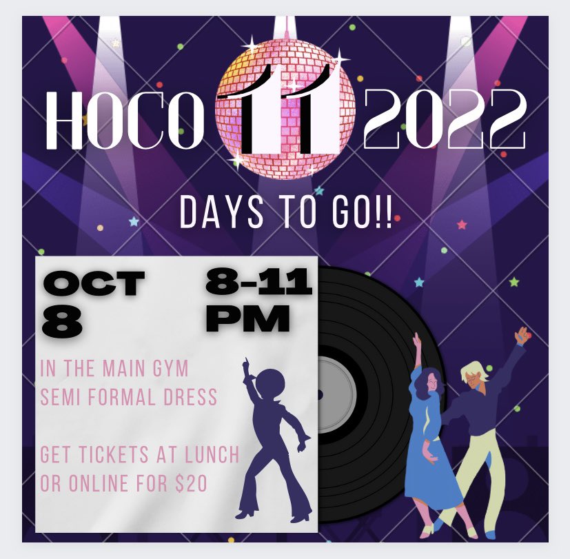 Hoco countdown begins TODAY!! 11 more days until the dance🪩🎊