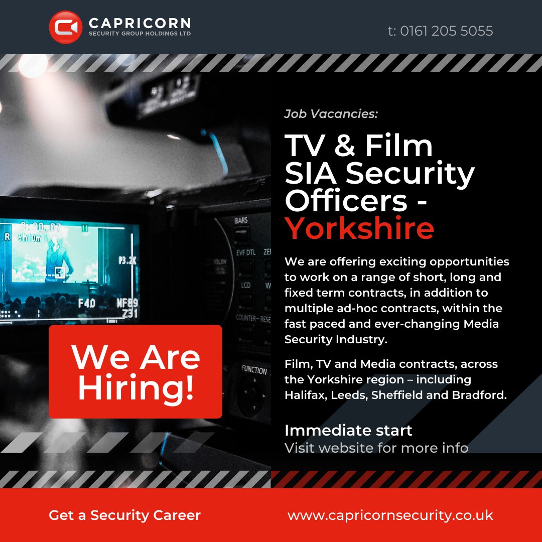 We are hiring SIA Security Officers to work on TV/FILM 🎥 location sets in Yorkshire, including Halifax, Leeds, Sheffield and Bradford. @SIAuk #film #tv #security #securityguard More info⬇️: capricornsecurity.co.uk/jobs/sia-secur… capricornsecurity.co.uk