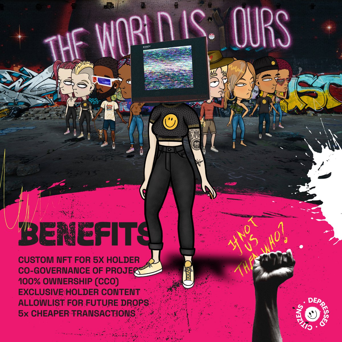 DepressCitizens's tweet photo. ✊Help decide future of project
✊Hold 5+ DC #NFTs &amp; receive a custom
✊Own 100% rights (CC0)
✊Get original DC song, designs &amp; more
✊AL future drop
✊5x Cheaper transactions ERC-721-A

Join HQ: https://t.co/n7NjaW8tPk
#MintingSoon: Sep 30 / Oct 01
#NFTdrop #mintday #NFTsales https://t.co/KACck4A239