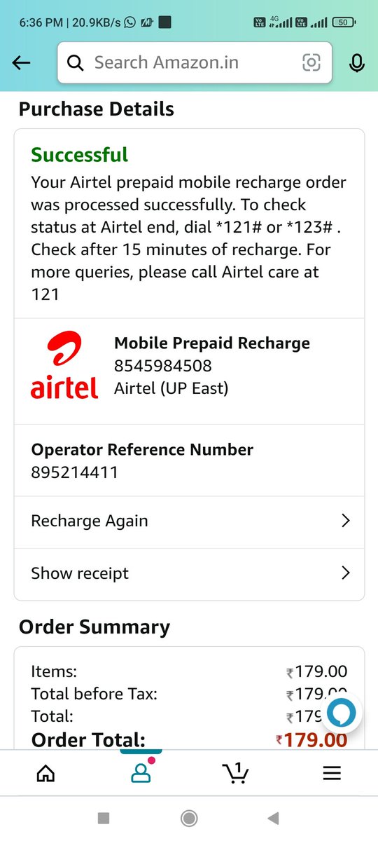 ajaykumar709179's tweet photo. @airtelindia Today 27 September afternoon I have done Rs179/- recharge to mobile no- 8545984508 wrongly as earlier I want to rechrge actually at mobile no-854596508 which https://t.co/6PE99EzRb8 pmt mode is Amazon pay UPI.sending attachment ,kindly refund me. https://t.co/lAksgSnWuS