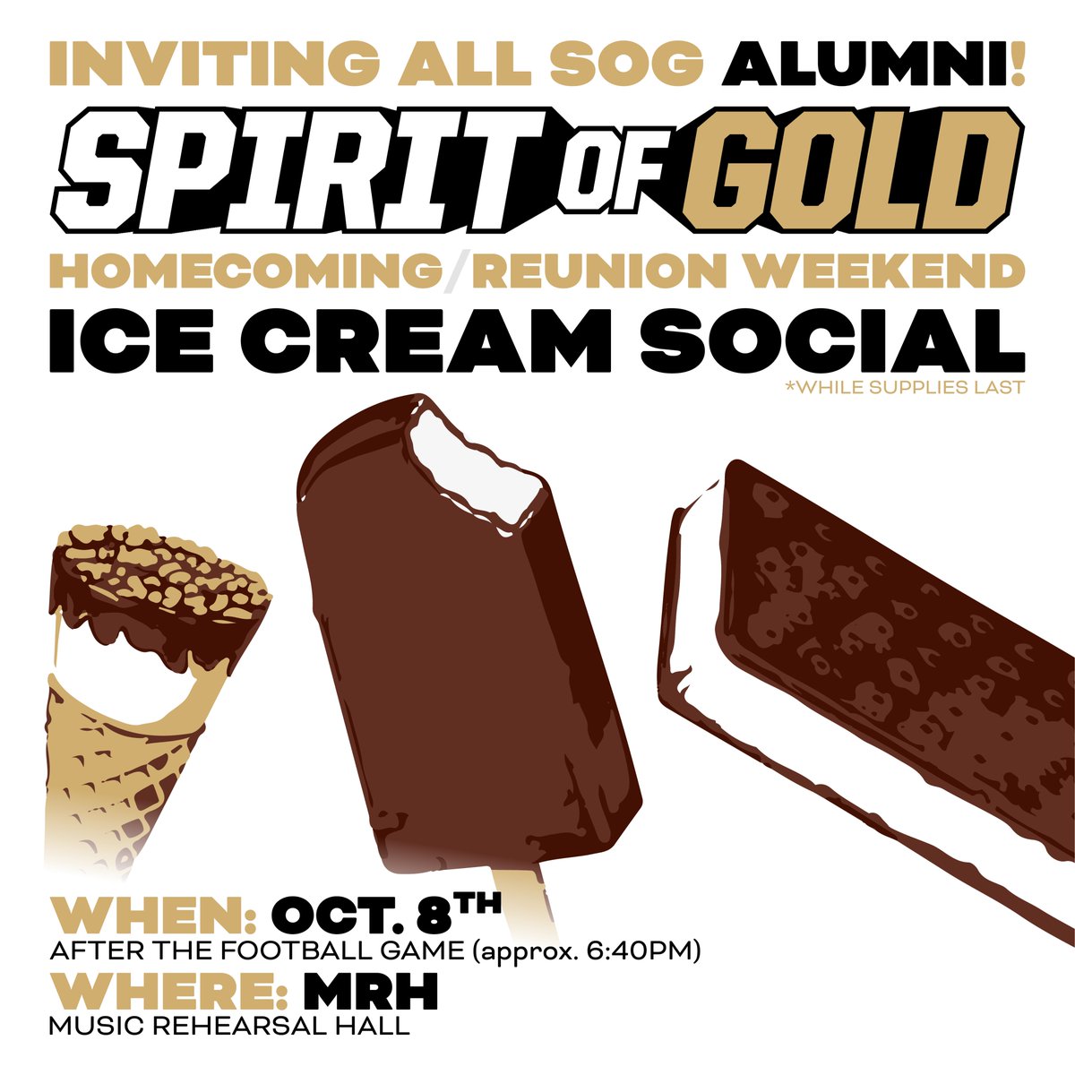 vandybands's tweet photo. Vanderbilt Spirit of Gold Alumni!
Celebrate Homecoming at the SOG Ice Cream Social!
Share stories & laughs while you eat sweet treats at the MRH following the football game vs Ole Miss (approx. 6:40pm). See you Oct. 8th! #AnchorDown #SOGILTB #SOG100 @vucommodores @VanderbiltU https://t.co/3oKKHGoHjQ