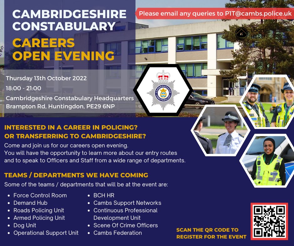 cambsvpc's tweet photo. Are you looking for a new career? Or fancy a new voluntary role? Then come to @CambsCops at Police HQ Thursday 13th October 22 for careers open evening. #StNeotsVPC will be there to help out and can talk to you about @cambsvpc police cadets also! ๐ฎ๐ปโโ๏ธ ๐ฎ๐ปโโ๏ธ https://t.co/FNx6ZGjoq9
