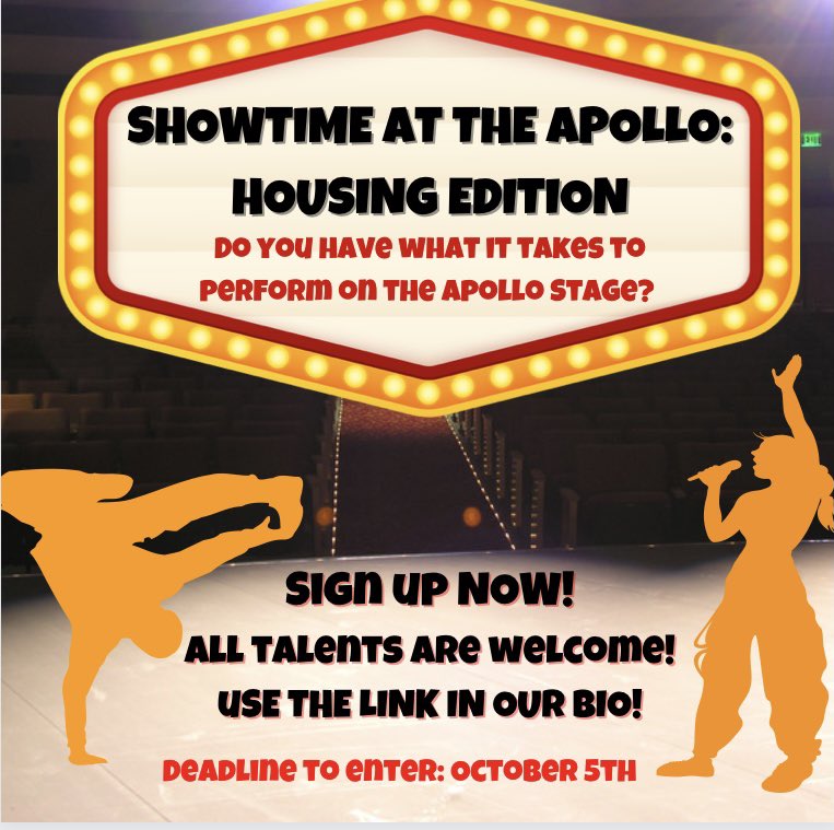 Do you think you have what it takes to light up the Apollo stage? Enter now to preform at Showtime at the Apollo: Housing Edition on October 11th at 7 PM on The Commons Pedway! 

This is your chance to Show up &amp; Show Out! Sign up with the link our bio before October 4th to enter.