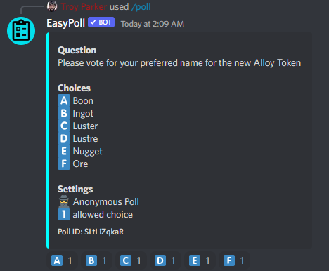 playalloy's tweet photo. We have a poll running on Discord to vote on our shortlist of token names. If you are on our discord, head to the #announcements channel and vote for your preference. If you're not on our discord yet, now would be a great time to join. https://t.co/nGgdmDdPnG https://t.co/tGSfeb17SN