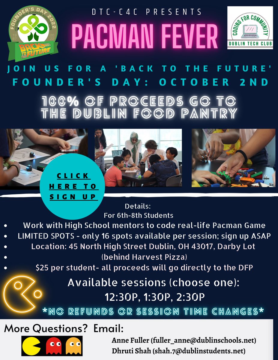 Deb Papesh (@debpapesh4) on Twitter photo Wakawaka… Pac-Man Coding Camp?
TY <a href="/DublinTechClub/">Dublin Tech Club</a> for a fun 80’s theme benefit camp benefitting the <a href="/DublinPantry/">Dublin Food Pantry</a> at <a href="/historic_dublin/">Historic Dublin</a> #foundersday.
➡️ Sign-up/pay here for Sun Oct 2 camps 12:30/1:30/2:30 camp slots available. $25/camper Grades 6-8
➡️ docs.google.com/forms/d/e/1FAI… Wakawaka… Pac-Man Coding Camp?
TY <a href="/DublinTechClub/">Dublin Tech Club</a> for a fun 80’s theme benefit camp benefitting the <a href="/DublinPantry/">Dublin Food Pantry</a> at <a href="/historic_dublin/">Historic Dublin</a> #foundersday.
➡️ Sign-up/pay here for Sun Oct 2 camps 12:30/1:30/2:30 camp slots available. $25/camper Grades 6-8
➡️ docs.google.com/forms/d/e/1FAI…