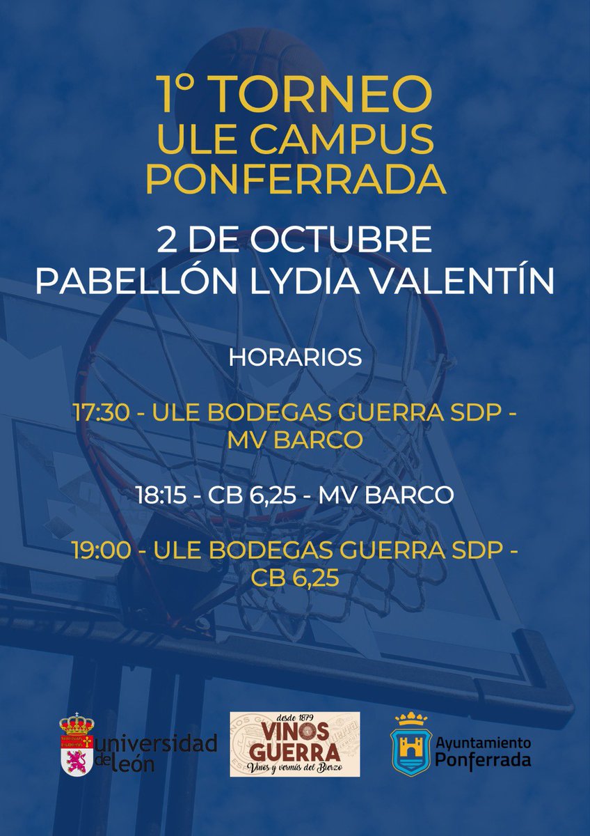 🏀 1º TORNEO ULE CAMPUS PONFERRADA | 

👉🏼 El próximo 2 de octubre en el Lydia Valentín tendrá lugar el 1º Torneo ULE Campus Ponferrada, donde se disputará un triangular.

⛹🏻‍♂️ Equipos participantes: ULE Bodegas Guerra SDP, <a href="/mvbarco/">MueblesVictoriaBarco</a> y <a href="/CB625Ponferrada/">C.B. 6,25 Ponferrada</a>.

#NuncaDejesDeSoñar #SomosSDP