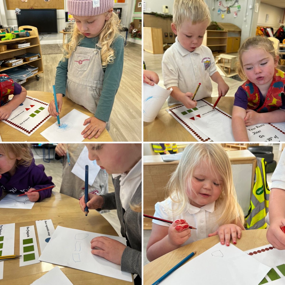 beancrossELC's tweet photo. #MathsWeekScot We have been identifying shapes and colours, using them to create menus for our diner using a matching system. We have been further developing our pencil control and mark making by drawing our own shapes 🔺🔷🟩🟡 https://t.co/x4CBoerpF3