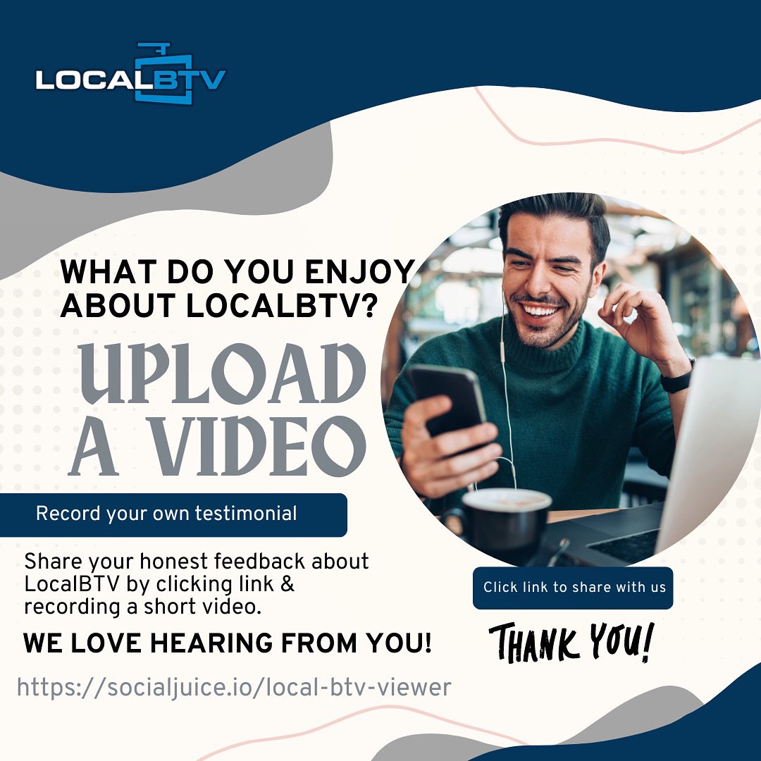 LocalBTV's tweet photo. As always we love hearing our users feedback. Please click the link to create and share a video testimonial about what you enjoy about LocalBTV. Thanks in advance for your help!
https://t.co/wUFpn0LdXI
#LocalBTV #CordCutter #VideoTestimonial https://t.co/5J2EcE5KJL