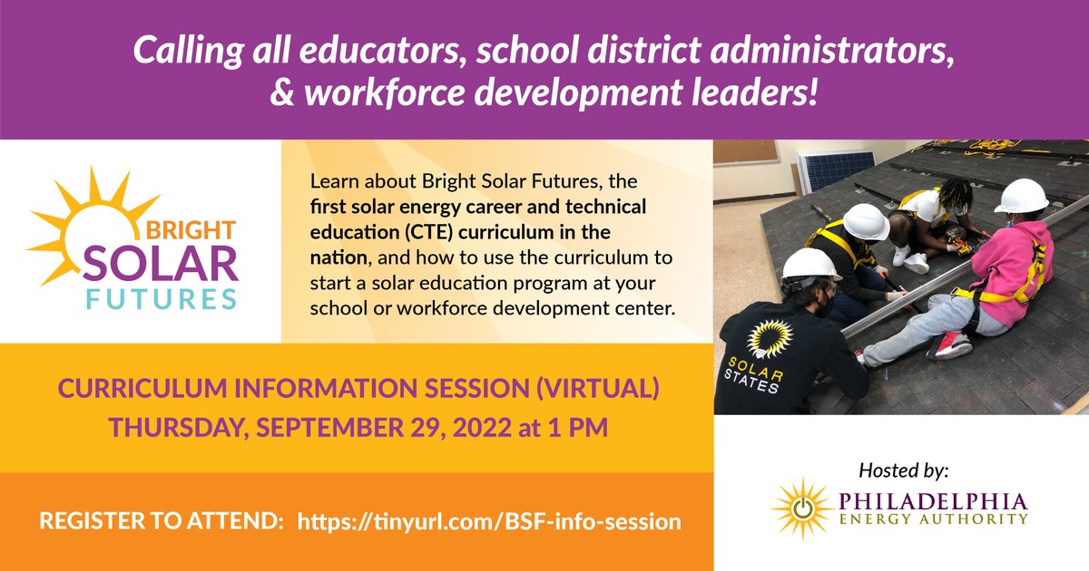 Join us 9/29 at 1pm for the rollout of our Bright Solar Futures career and technical education (CTE) curriculm - the first solar energy CTE curriculum in the nation! Hear from PEA, <a href="/PHLschools/">Philadelphia Schools</a>, <a href="/educationworks/">EducationWorks</a>, <a href="/PECOconnect/">PECO</a>, &amp; <a href="/SolarStates/">SolarStates</a>.  

Register: tinyurl.com/BSF-info-sessi…