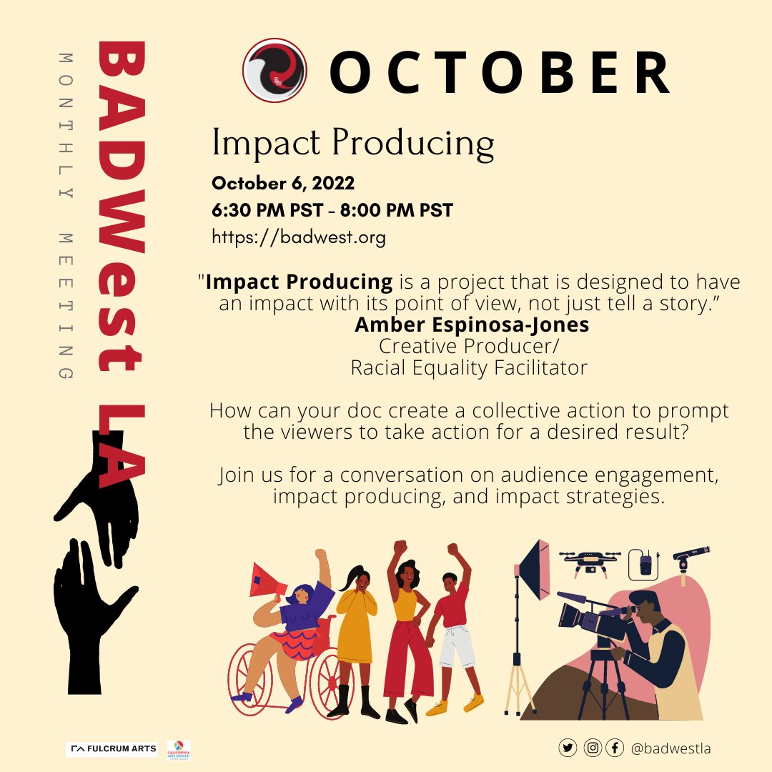 BADWestLA's tweet photo. Amber Espinosa-Jones  | Impact Producing #findyourtribe #documentarian #letstalk - a convo worth joining #SaveTheDate #LinkInBio #docfilms
#producer
#workshop
#workshops 
#BADWestLA
#LikeAndShare

#SPONSORS
 @Fulcrum_Arts
  @CalArtsCouncil
 
#documentary #FILMMAKER #Tribe https://t.co/nrL9S0YVC5