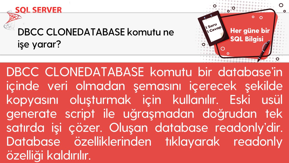 omer_colakoglu's tweet photo. DBCC CLONEDATABASE komutu ile bir database'in içinde verileri olmadan şemasını içeren kopyasını oluşturabilirsiniz.
Generate script ile uğraşmanıza gerek kalmaz.
#hergüne1sqlbilgisi https://t.co/HhUjoDkN0t
