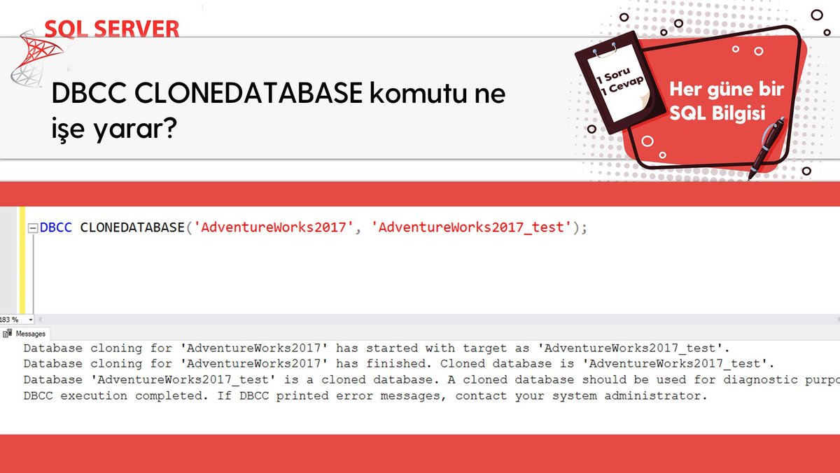 omer_colakoglu's tweet photo. DBCC CLONEDATABASE komutu ile bir database'in içinde verileri olmadan şemasını içeren kopyasını oluşturabilirsiniz.
Generate script ile uğraşmanıza gerek kalmaz.
#hergüne1sqlbilgisi https://t.co/HhUjoDkN0t