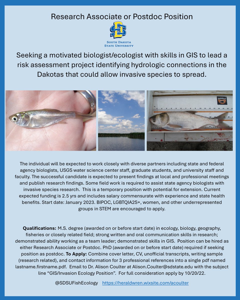 SDSUFishEcology's tweet photo. Opening for a Research Associate (post-MS) or Postdoc interested in Invasion Ecology with skills in GIS! #fishsci #fish Please share! https://t.co/kAvVePqXCS