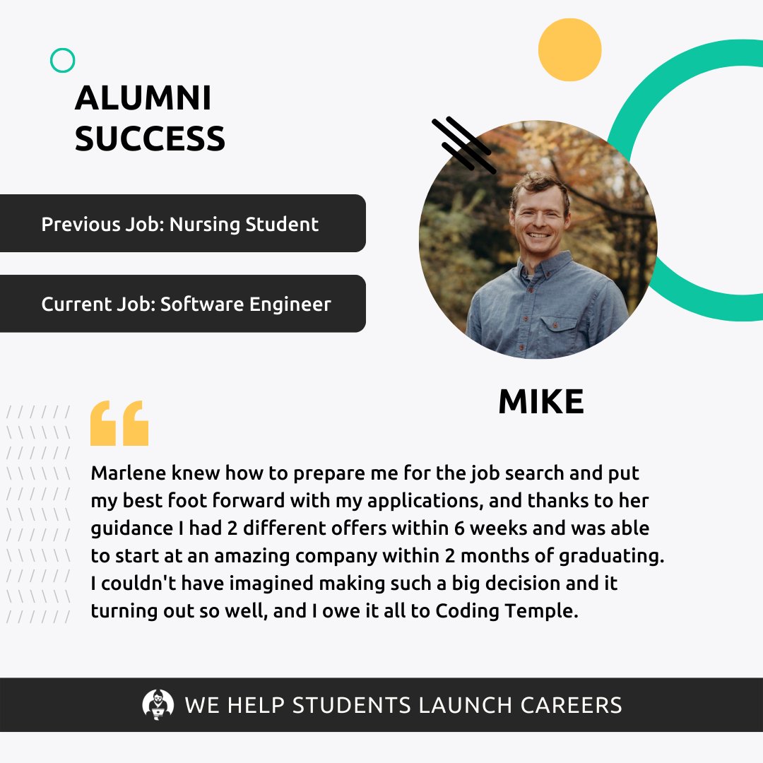 codingtemple's tweet image. Before enrolling in our Full-Time #SoftwareEngineeringBootcamp, Mike Kaiser went from being a small business owner, to a student preparing for nursing school, to pivoting again in light of the pandemic. Mike is now thriving as a #SoftwareEngineer at Mastery Logistics Systems! 💻