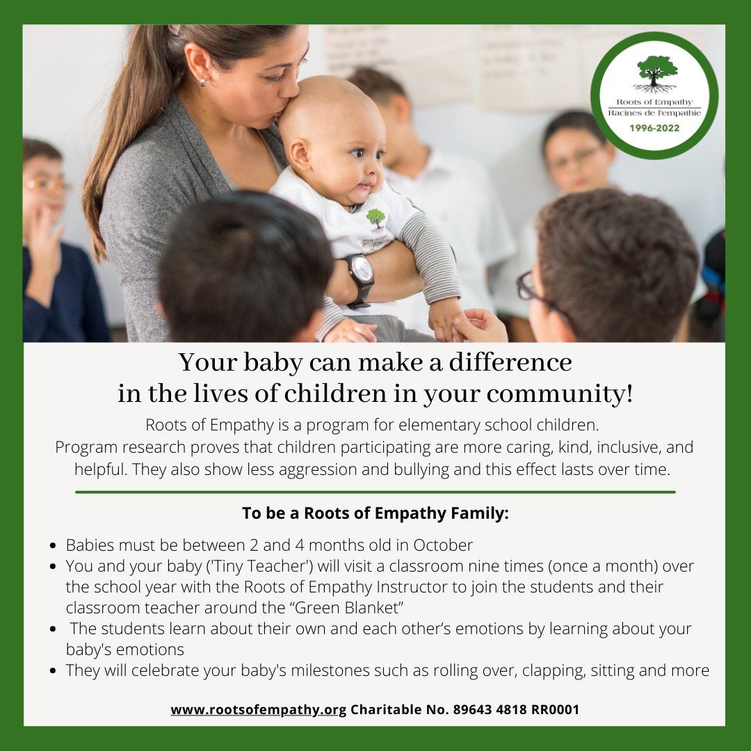 RootsofEmpathy's tweet photo. Your baby can be a teacher &amp; help foster #empathy in children!
 
You &amp; your #baby will support the development of children’s social &amp; emotional development while building positive connections to the students, school &amp; community. 
 
➡️ https://t.co/im3KUC8BUo
#TestimonialTuesday https://t.co/TB1EOM2iAO