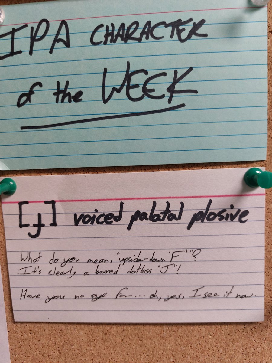 Timphon's tweet photo. IPA character of the week: [ɟ] voiced palatal plosive

What do you mean, "upside-down 'F'"?
It's clearly a barred dotless "J"!

Have you no eye for ... oh, yes, I see it now.

#FUNetics #IPA https://t.co/nHsg3QbKKK
