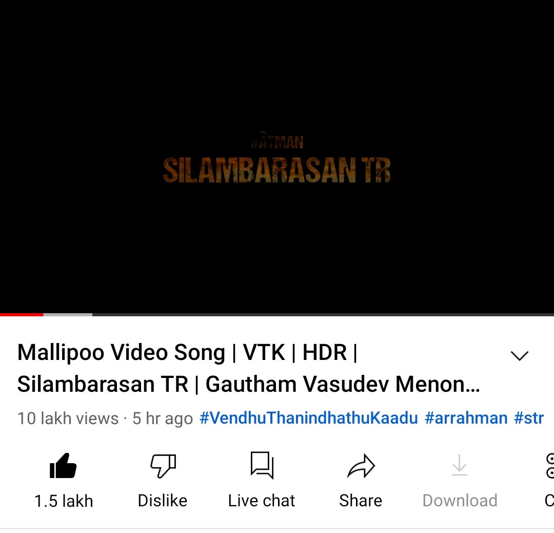 Vignesh26326716's tweet photo. It's 1M+ views in 5 hours with 1.5 lakhs likes. Will be one of the most viewed and liked video song of recent time it's all for @SilambarasanTR_ @arrahman #MallipooVideoSong ♥️ #VenthuThanindhathuKaadu #VTKBumperHit https://t.co/GqPGpW8KbQ