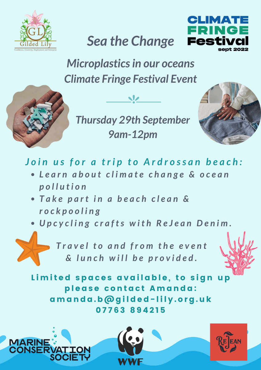 ClimateFringe's tweet photo. Join @GildedLilyCic this Thursday for Sea The Change and learn about climate change &amp; ocean pollution, part of the #ClimateFringeFestival

This will involve a trip to Ardrossan beach with @mcsuk and upcycling crafts with @RejeanDenim

Learn more:
https://t.co/G0tBD5hD9u https://t.co/2I4MP8BVCn