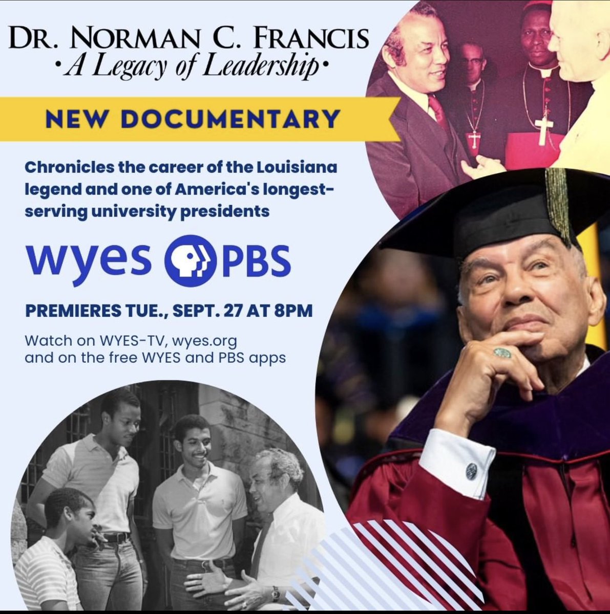 TONIGHT📺: <a href="/WYESTV/">WYES-TV</a>'s documentary, Dr. Norman C. Francis: A Legacy of Leadership premiers at 8 PM on WYES-TV, wyes.org/live &amp; on the WYES &amp; PBS apps.

The documentary chronicles the career of a true Louisiana legend &amp; one of America’s longest-serving Univ. presidents!